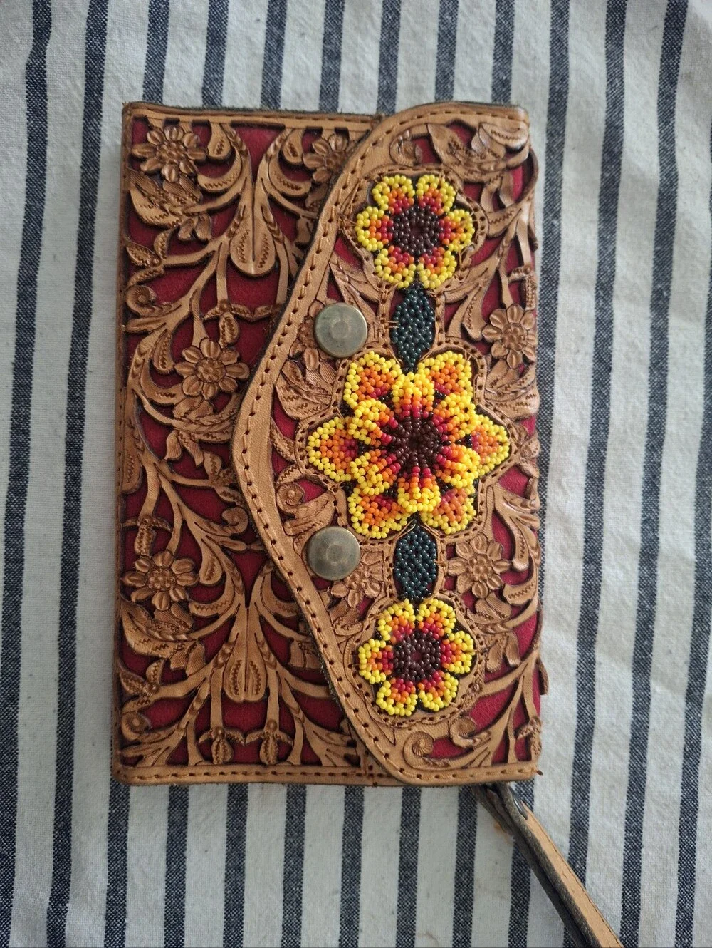 Beaded Floral Tooled Leather Wallet - Red & Tan